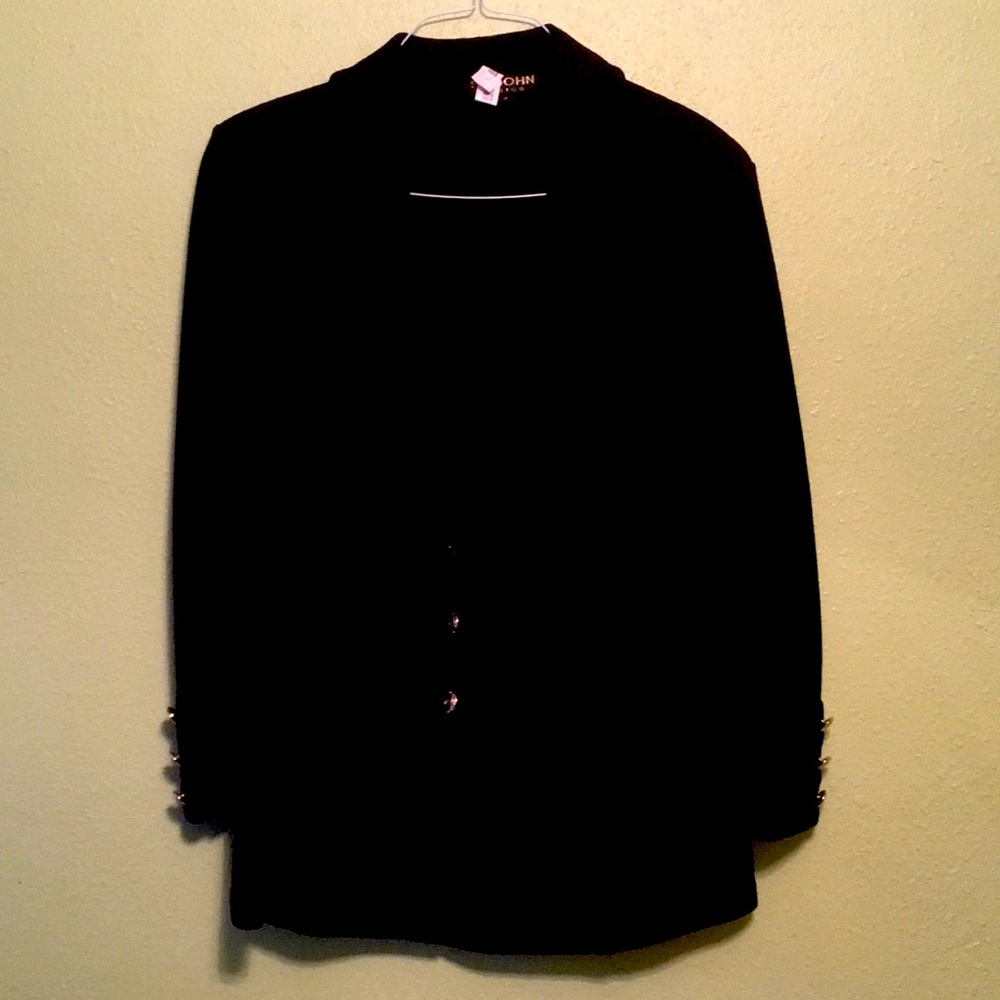 Black dress jacket with gold buttons.